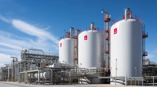 Large gas tanks at a factory under a clear sky