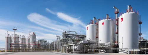 View of the gas plant with large tanks and pipelines