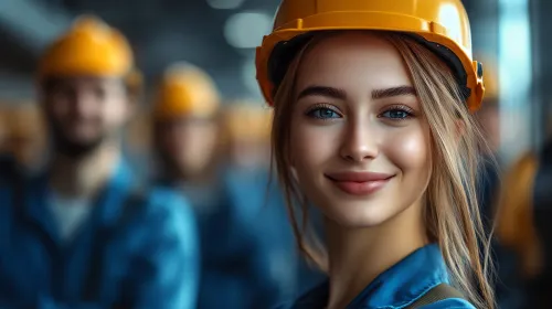 Улыбающаяся девушка в желтой каске на строительной площадке