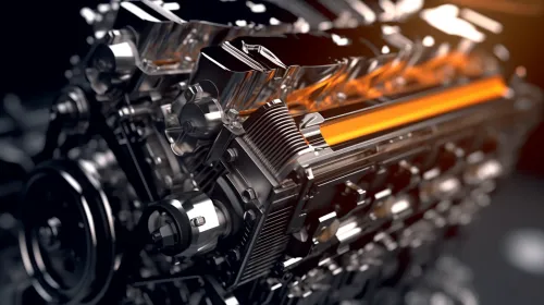View of a modern internal combustion engine with a transparent casing
