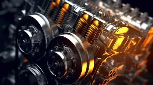 Macro shot of engine mechanical parts with bright lighting