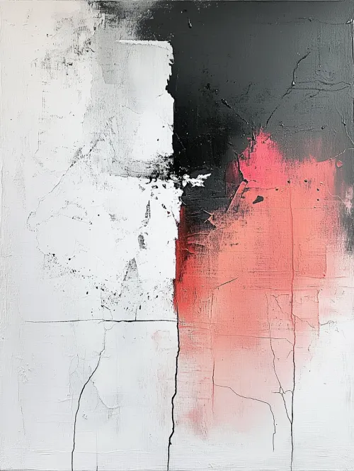 Abstract artwork in black, white, and pink tones