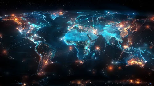 Image of Earth with night lights and a network of connections