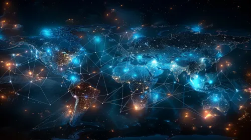 Image of Earth with bright lights connecting continents with lines