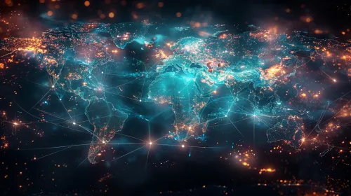 Space image of Earth with electric connections and glowing cities