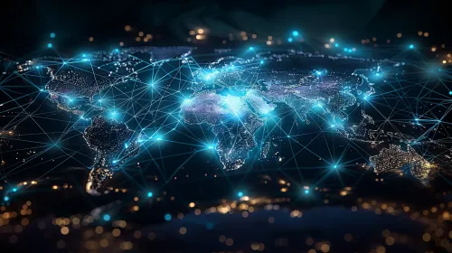 Imagen del mundo con líneas brillantes que simbolizan conexiones y redes