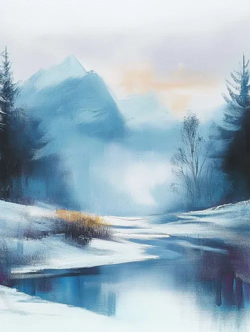 Winter landscape with cold tones and reflections in the water