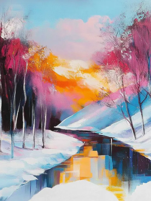 Painting of a winter landscape with a river, vibrant trees, and a sunset sky