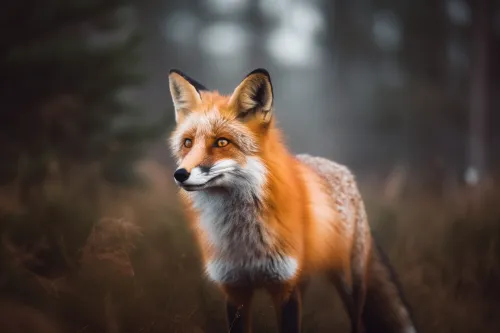 Zorro rojo de pie frente a árboles boscosos y brumosos