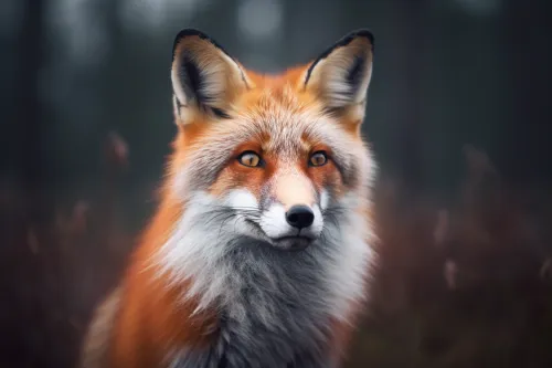 A fox with bright fur and a penetrating gaze in the forest