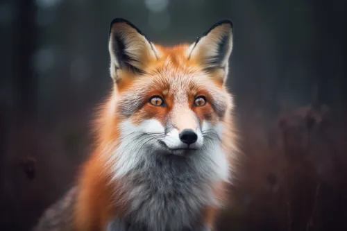 Close-up of a fox with expressive eyes set against a forest backdrop