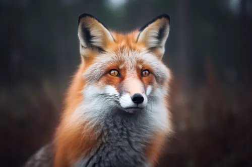 Photograph of a fox with bright fur on a blurred forest background