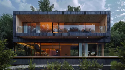 Casa elegante con muchos elementos de cristal y acentos de madera