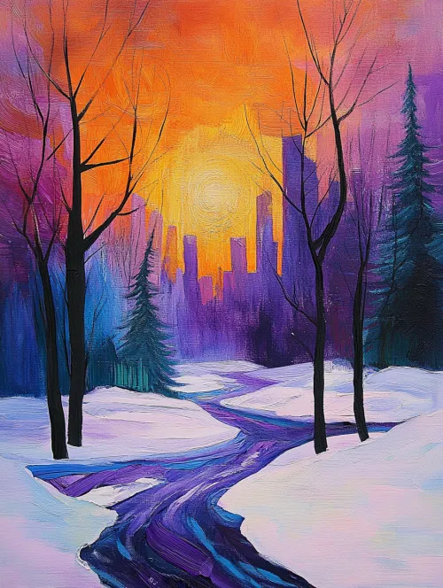 Snowy landscape with a river and the silhouette of a city against the sunset