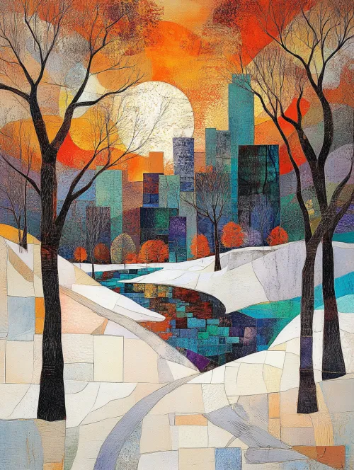 Winter landscape with a city and sunset, reflection in the river