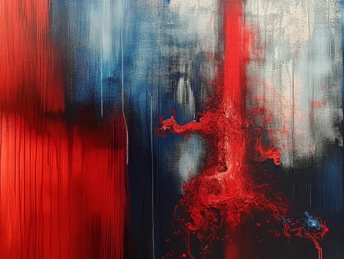 Pintura en estilo abstracto con colores rojos y azules de fondo.