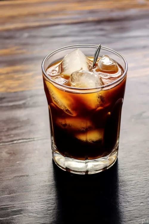 Vaso de café frío con cubos de hielo y cuchara de bar