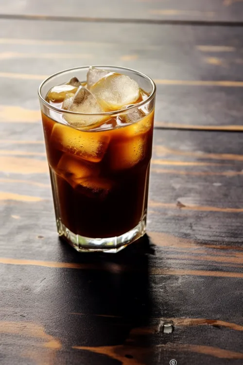 Bar glass with cold coffee and ice cubes
