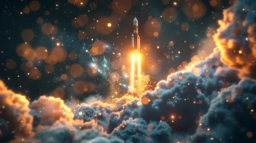 Un cohete brillante despegando entre nubes y estrellas al espacio