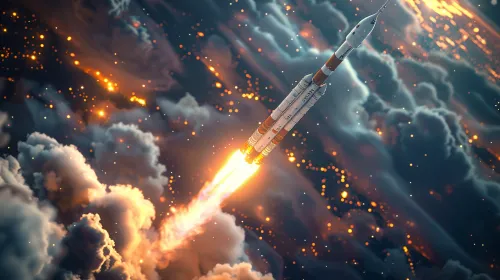 Rocket launches through clouds with bright fiery streams