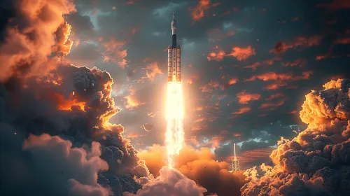 A dramatic moment of a rocket launch in the atmosphere with a bright fiery trail