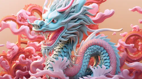 Dragón brillante entre nubes rosadas y flores de estilo oriental
