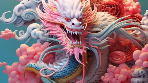 Image of a mythical dragon with vibrant flowers and clouds in an artistic style