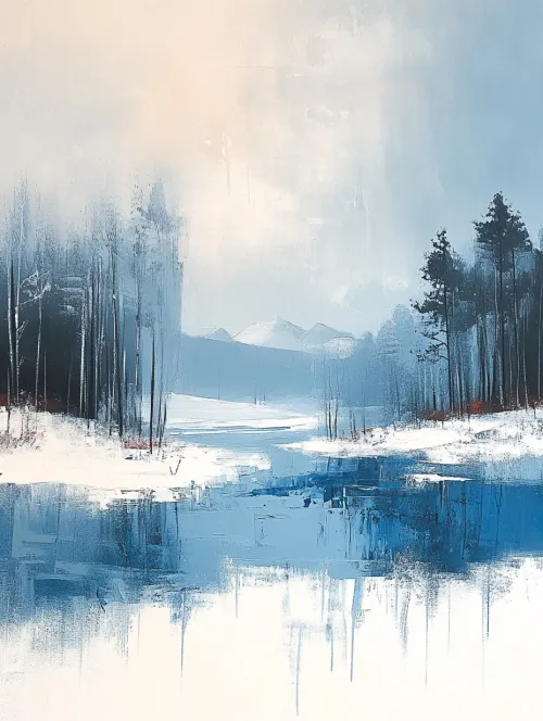 Modest winter landscape with a forest, lake, and snowy mountains in the background