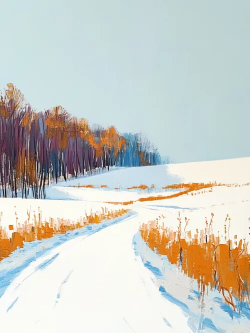 Paisaje invernal con camino blanco, campo y bosque en el horizonte