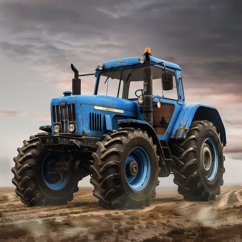 Vintage Blue Tractor in a Field with Cloudy Sky