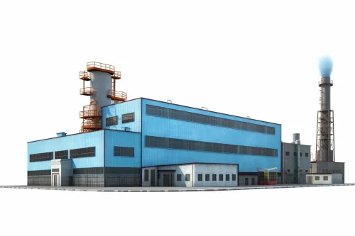 Image of a modern factory with blue walls and a smoke stack