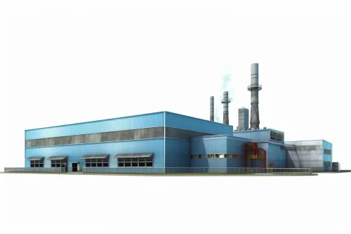 Imagen de una fábrica moderna con paredes azules y chimeneas