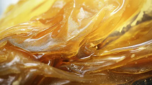 Primer plano de un material transparente con un tono dorado y una textura interesante