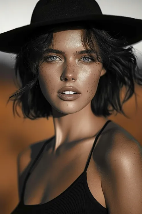 Close-up of a model's face with freckles against a natural landscape background