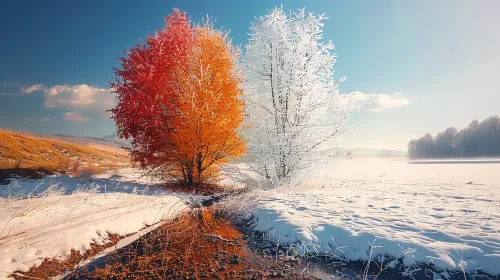 Árboles con brillantes hojas otoñales y escarcha sobre la nieve