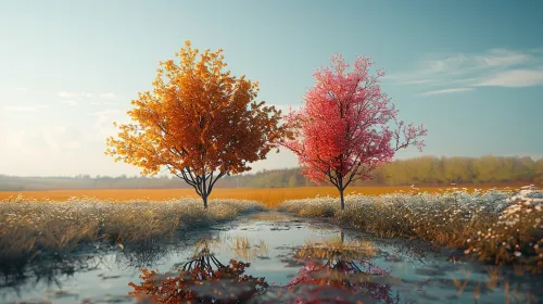 Two trees with bright autumn leaves and their reflection in the water