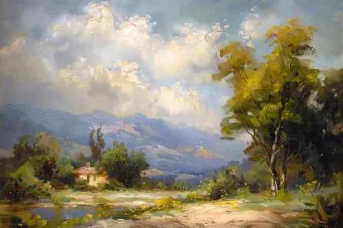 Landscape with a Cloudy Sky, Mountains, and Green Trees