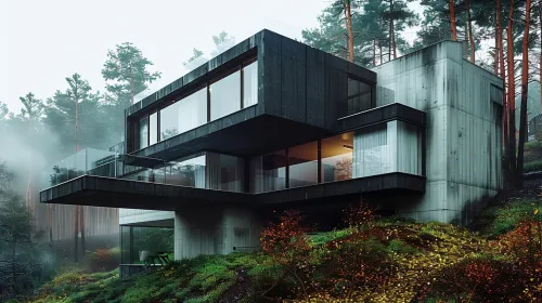 Aesthetic house with panoramic windows against the forest backdrop