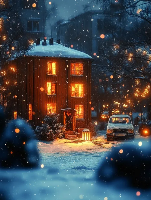 Paisaje nevado con luz cálida en las ventanas de una casa de madera