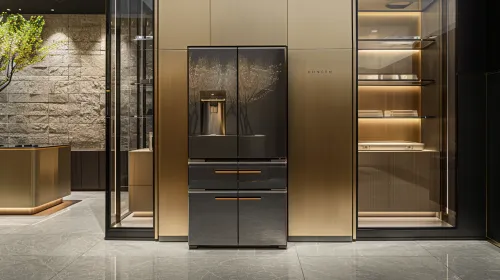 Elegant black refrigerator in a kitchen interior with golden accents