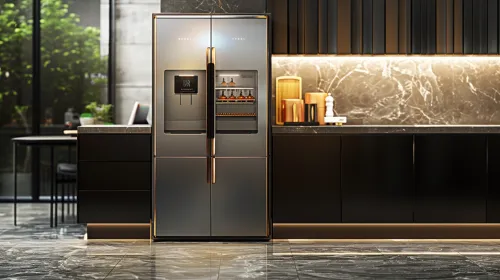 Matte finish refrigerator in a black kitchen with a marble countertop