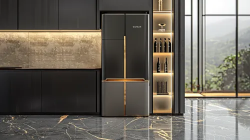 Elegant refrigerator with golden accents in a stylish kitchen
