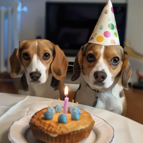 Two Beagles in Party Hats by a Cake with a Candle