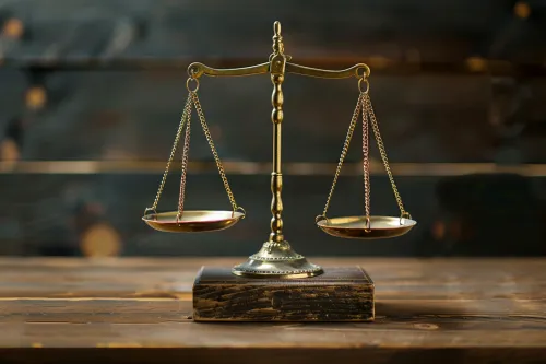 Golden scales with pans on a wooden surface background