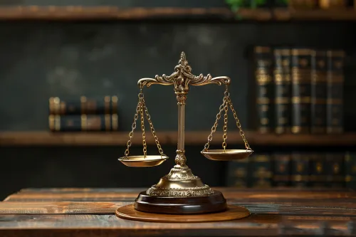 Elegant scales symbolizing justice against a background of bookshelves