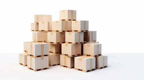 Montón de cajas de cartón sobre palets de madera en un espacio luminoso
