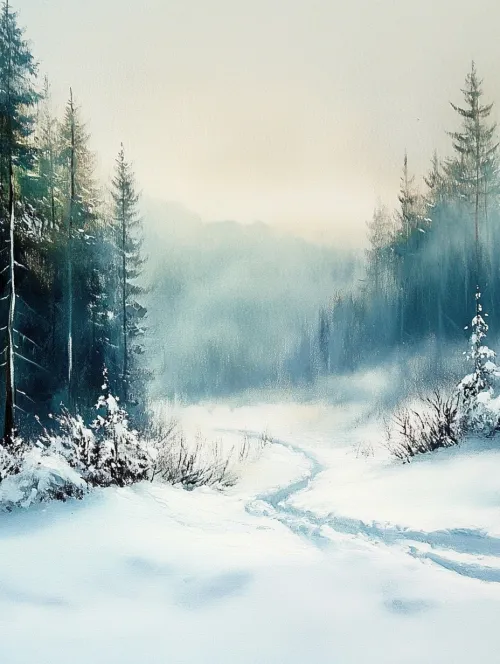 Bosque nevado con niebla y huellas en la tierra