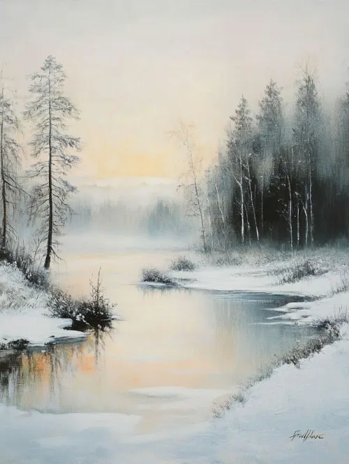 Quiet winter morning landscape with a river and forest