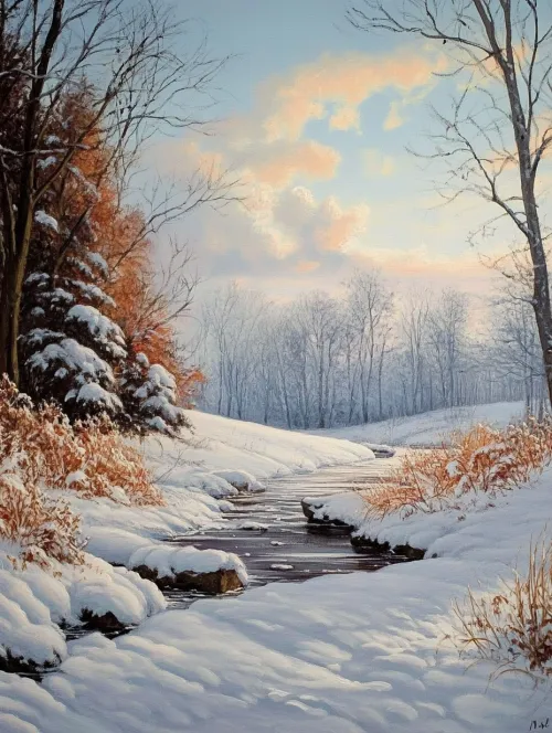 Beautiful winter scene with a river covered in snow and trees