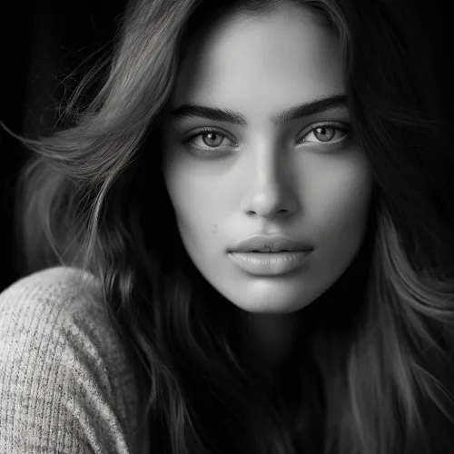Close-up of a woman's face with long hair and expressive eyes